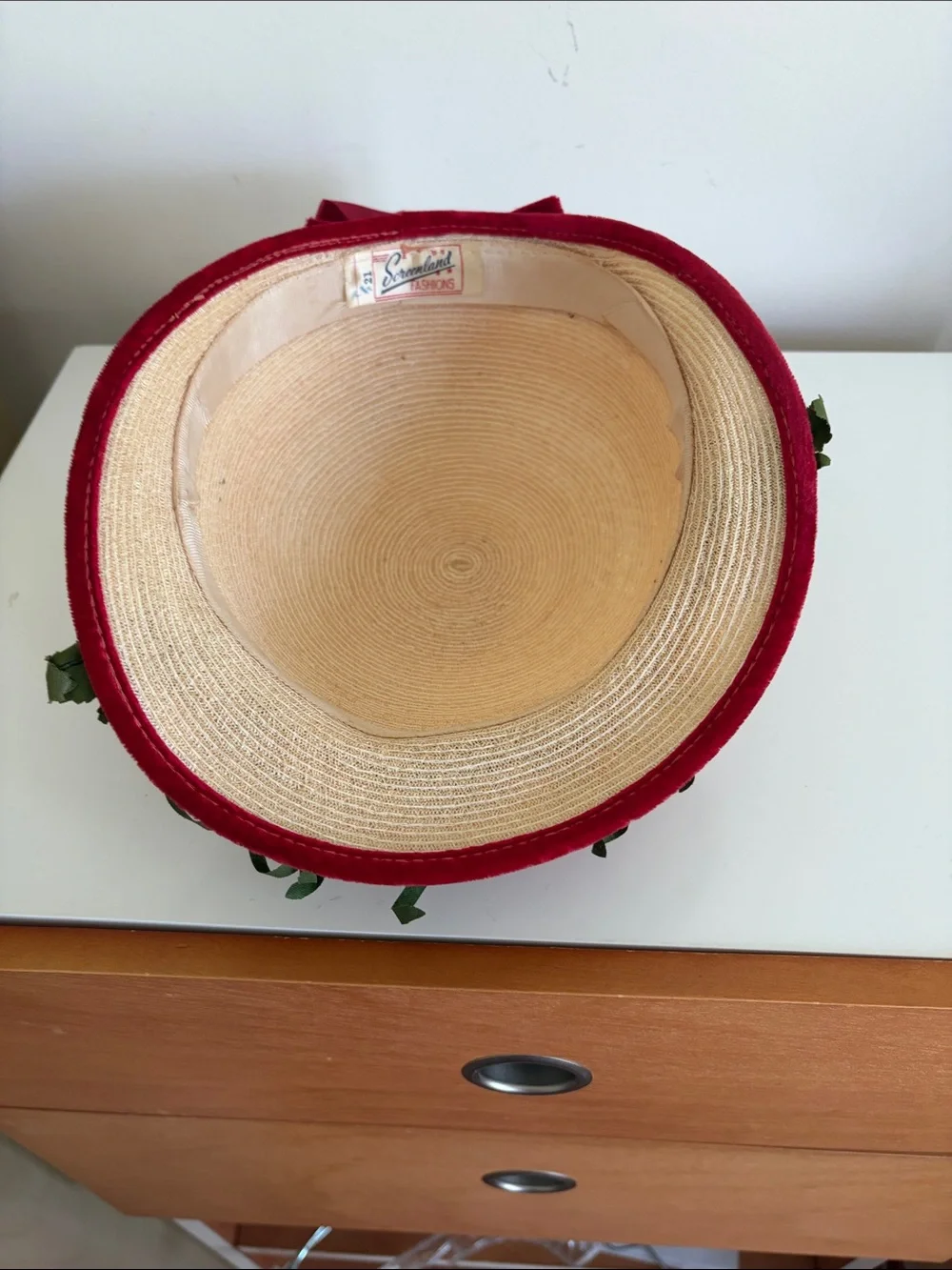 Vintage Girl’s Natural Straw Cloche Hat with Red Velvet Trim and Floral Detail
